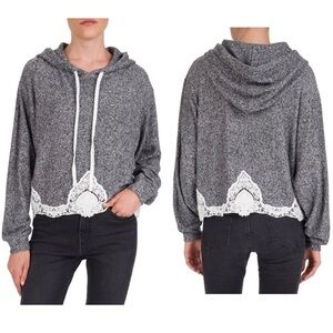 NWT The Kooples Grey Hooded Sweatshirt with Lace Detailing Women Size 3 Large